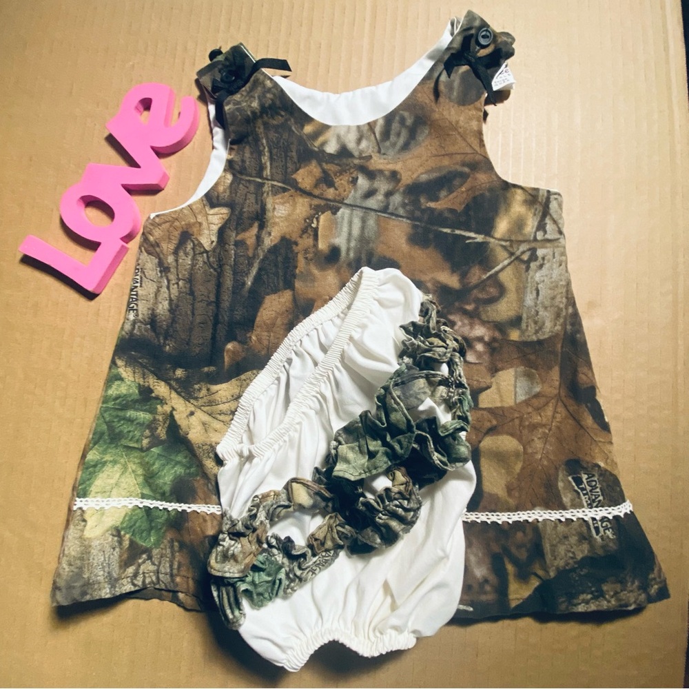 Advantage Timber Camo jumper Dress with ruffled bloomers.